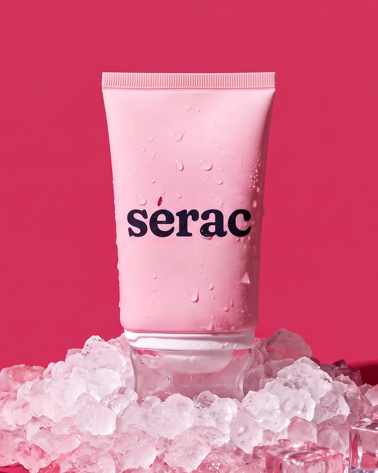 Le tube Sérac et sa tête gua sha intégrée, posé dans la glace pilée