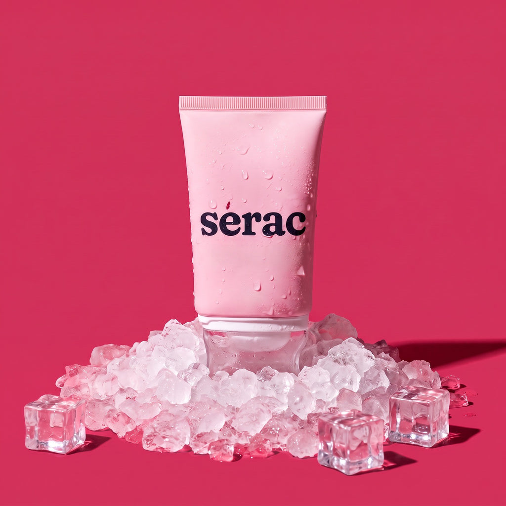 Crème gua sha Sérac debout dans la glace pilée, fond framboise